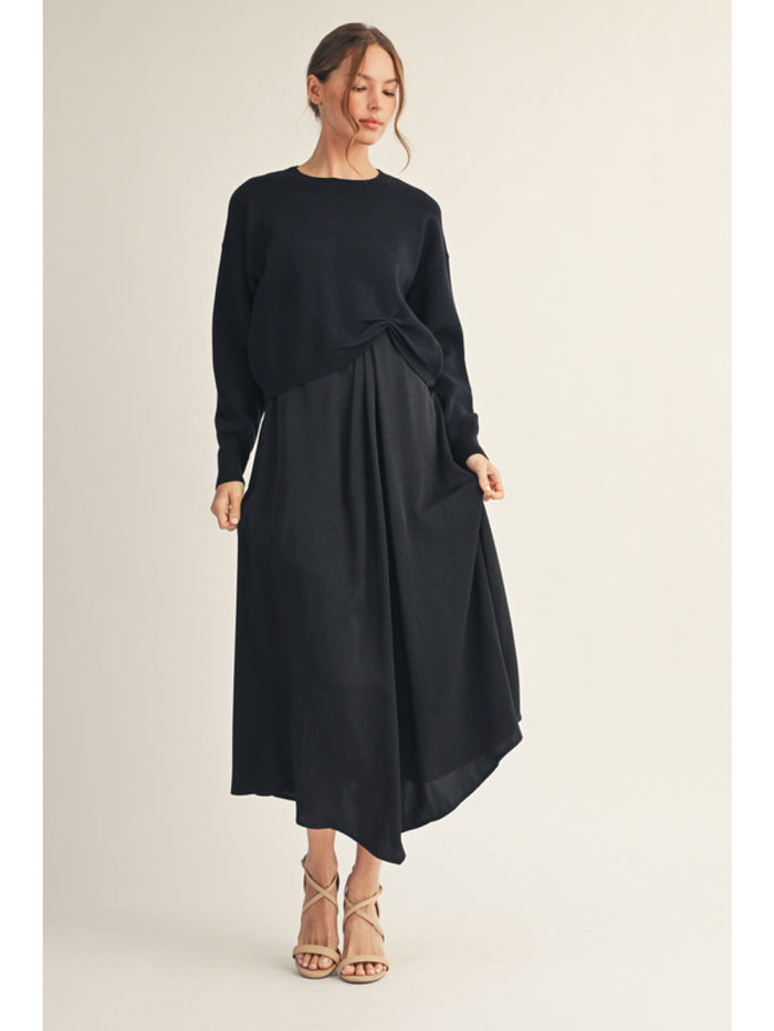 Long sleeves soft texture sweater w/ Sleeveless solid fabric mix match midi dress