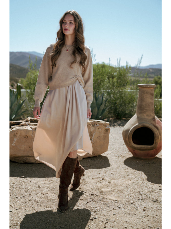 Long sleeves soft texture sweater w/ Sleeveless solid fabric mix match midi dress