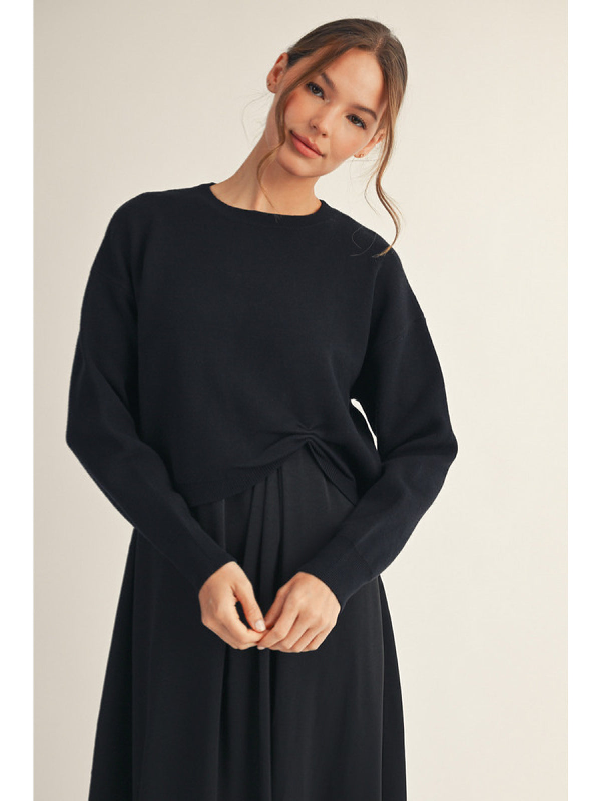 Long sleeves soft texture sweater top with knot accent, drop shoulder