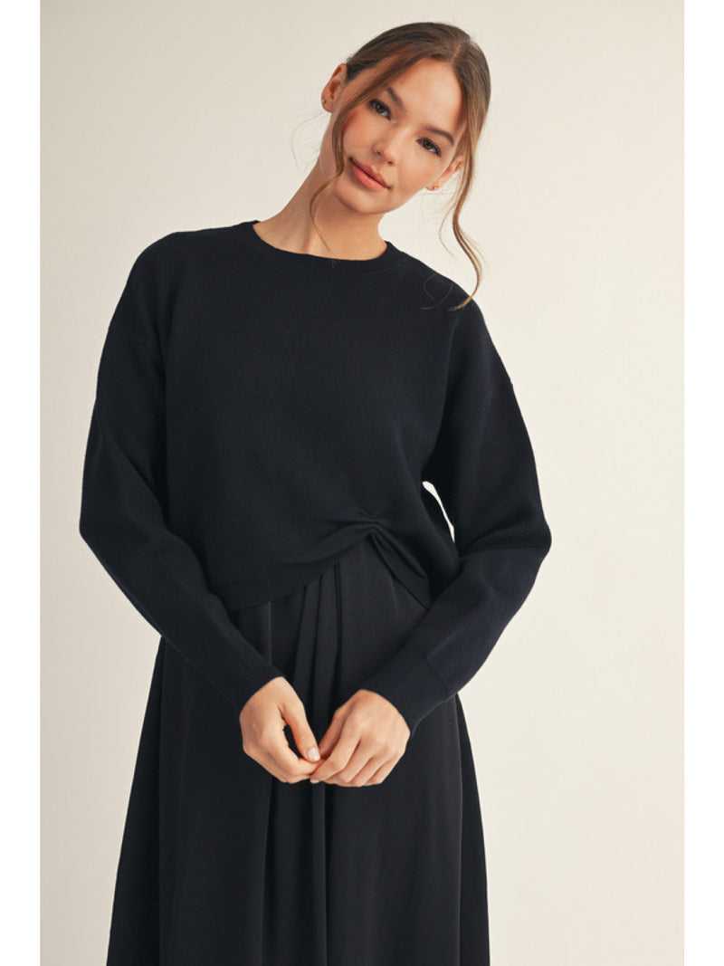 Long sleeves soft texture sweater top with knot accent, drop shoulder