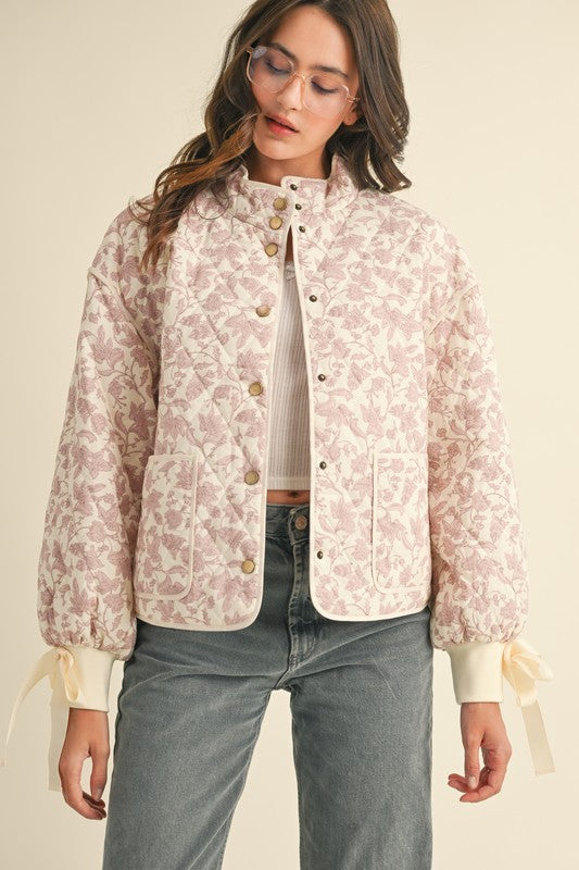 Floral Quilted Jacket With Bow Tie Ribbon Detail