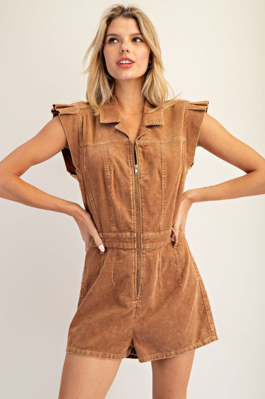 Corduroy Zipper Front Cap Sleeve Romper