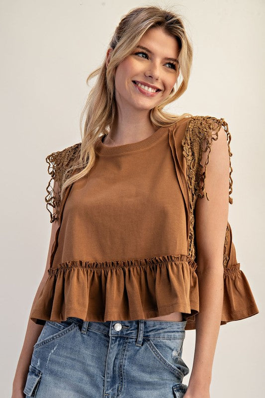 Side Lace Trim Ruffle Hem Top