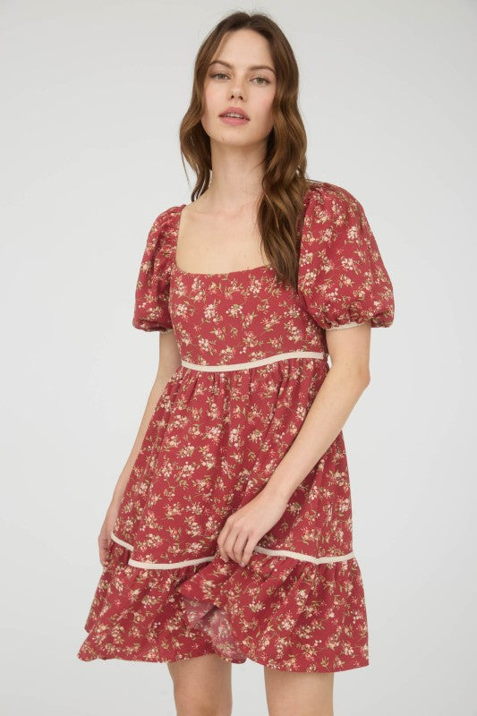Floral Contrast Trim Detail Puffsleeves Mini Dress