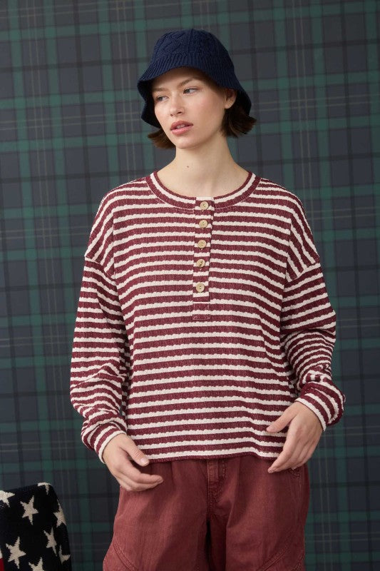 Stripe Textured Long Sleeve Henley Knit Top