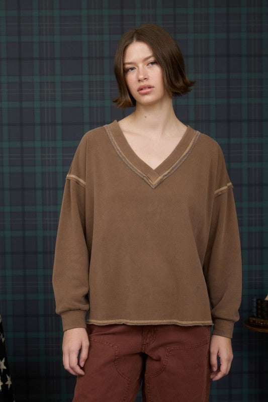 Reverse Stitch V Neck Long Sleeve Knit Top