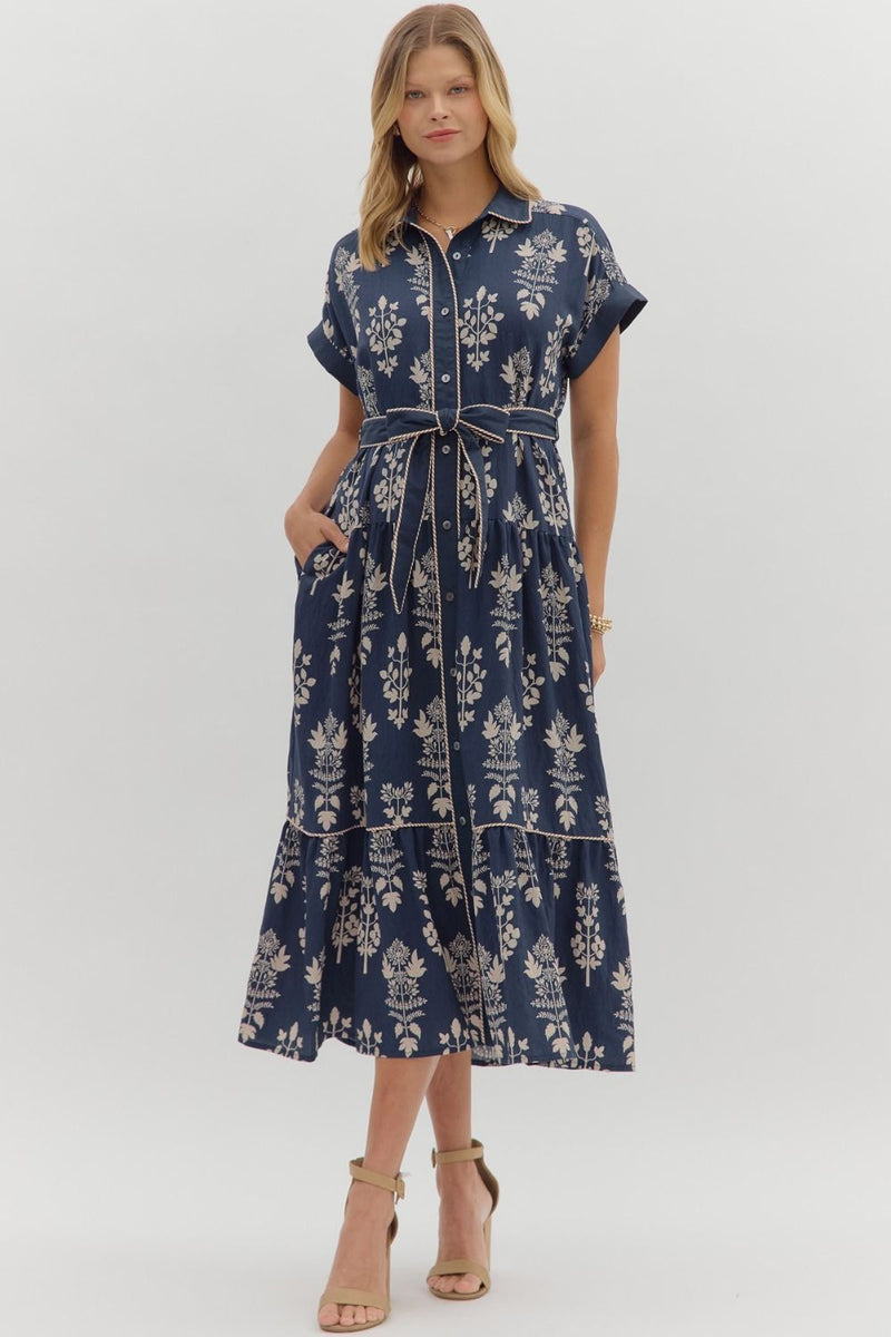Botanical pattern faux roll-up sleeve band midi dress