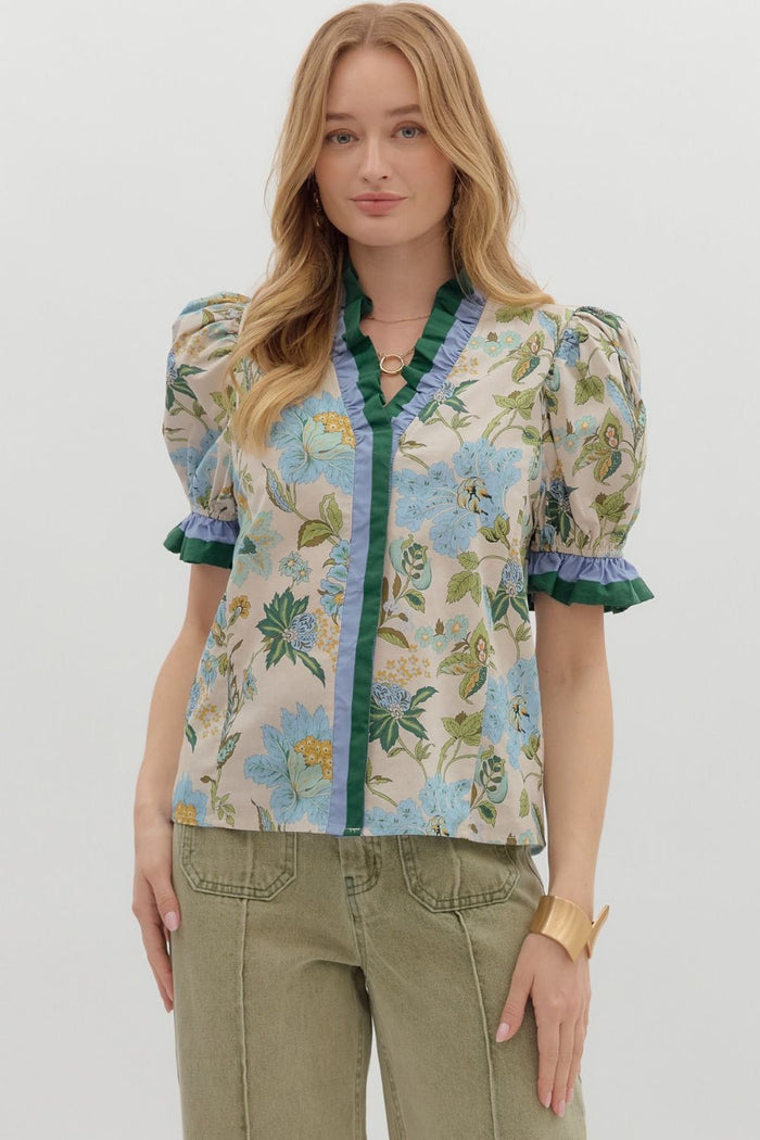 Floral print shoulder puff sleeve top