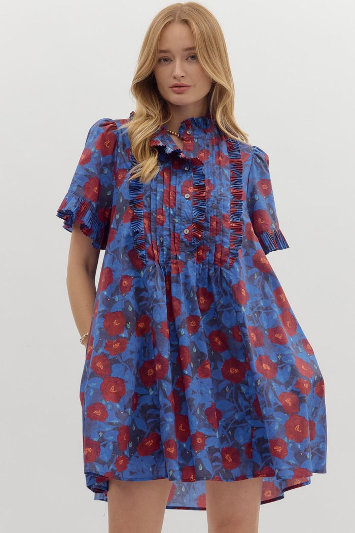 Floral print short sleeve pintuck mini dress