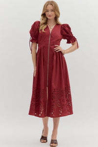 Solid short puff sleeve midi dress