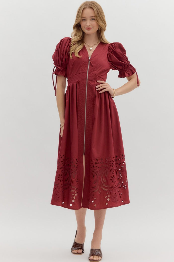 Solid short puff sleeve midi dress