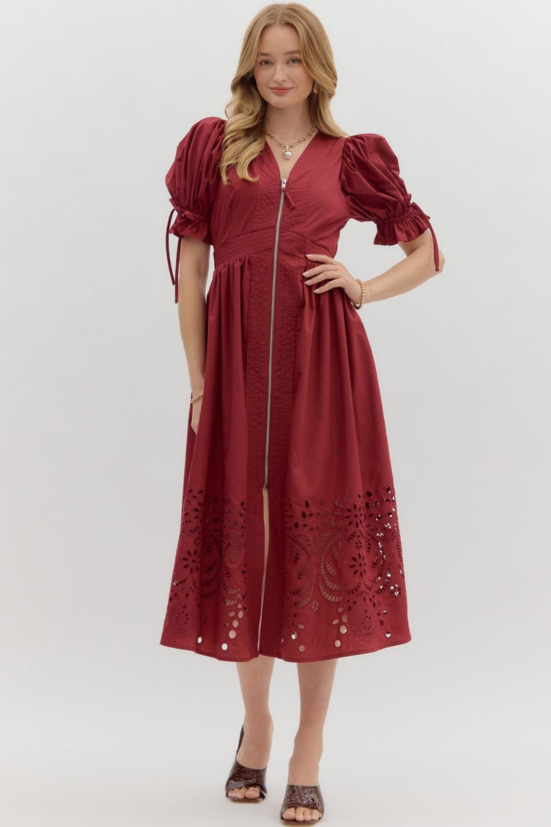 Solid short puff sleeve midi dress