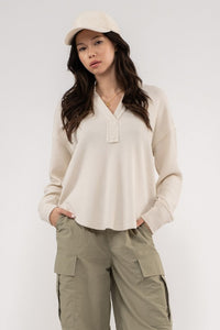 PLUS SPLIT NECK LONG SLEEVE KNIT TOP