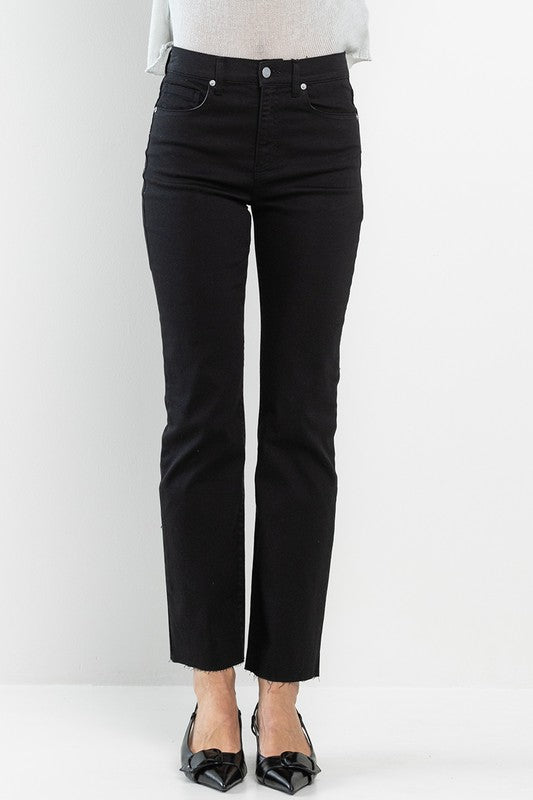 SNEAK PEEK HIGH RISE SLIM STRAIGHT IN BLACK WITH RAW CUT HEM