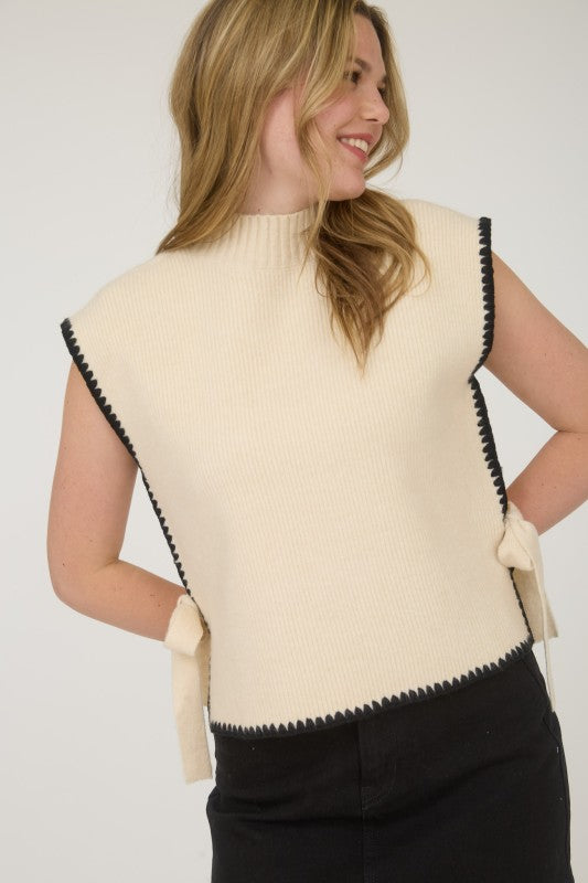Mock Neck Contrast Stitch Side Tie Sweater Top