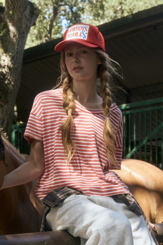 Washed Stripe Short Sleeve Scoop Neck Knit Top
