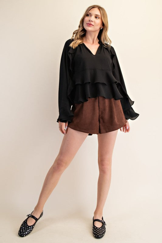 V-neck Ruffled Trim Long Sleeve Top
