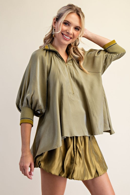 Mock Neck Band Puff Sleeve Blouse