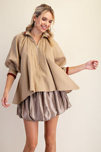 Mock Neck Band Puff Sleeve Blouse
