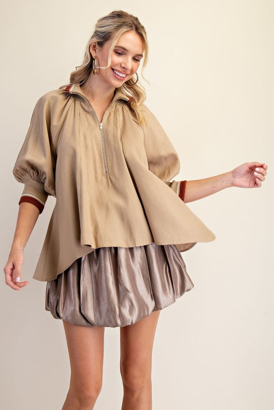 Mock Neck Band Puff Sleeve Blouse
