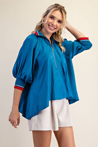 Mock Neck Band Puff Sleeve Blouse