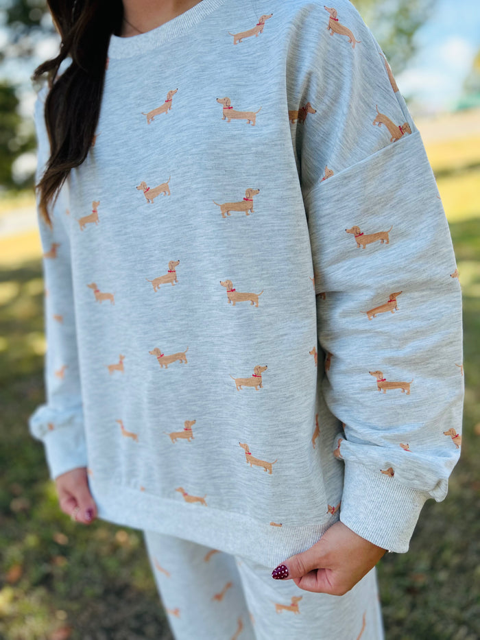 Dachshund Print Sweatshirt & Wide Leg Pants Set