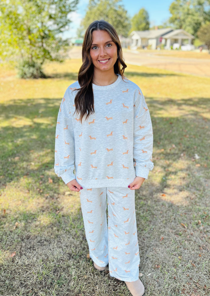 Dachshund Print Sweatshirt & Wide Leg Pants Set