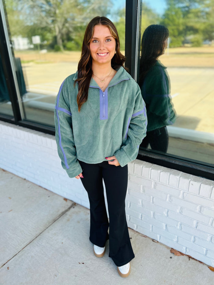 Contrast Trim Half-Zip Fleece Pullover