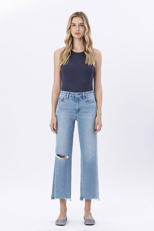Vervet High Rise Uneven Raw Hem Crop Wide Jeans