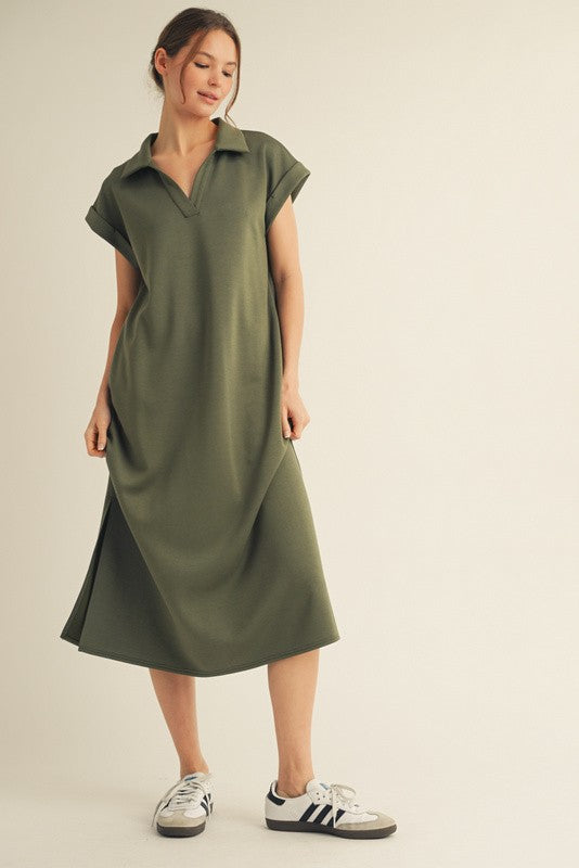Plus Solid Collared Midi Dress With Pockets
