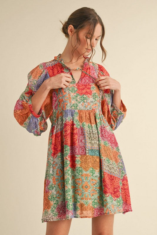 Multicolor Print 3/4 Sleeves Dress