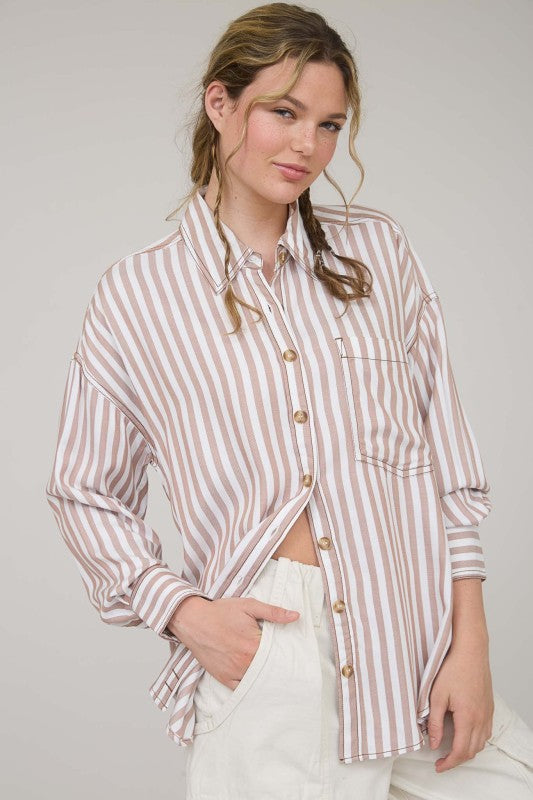 Stripe Collared Button Down Long Sleeve Shirt