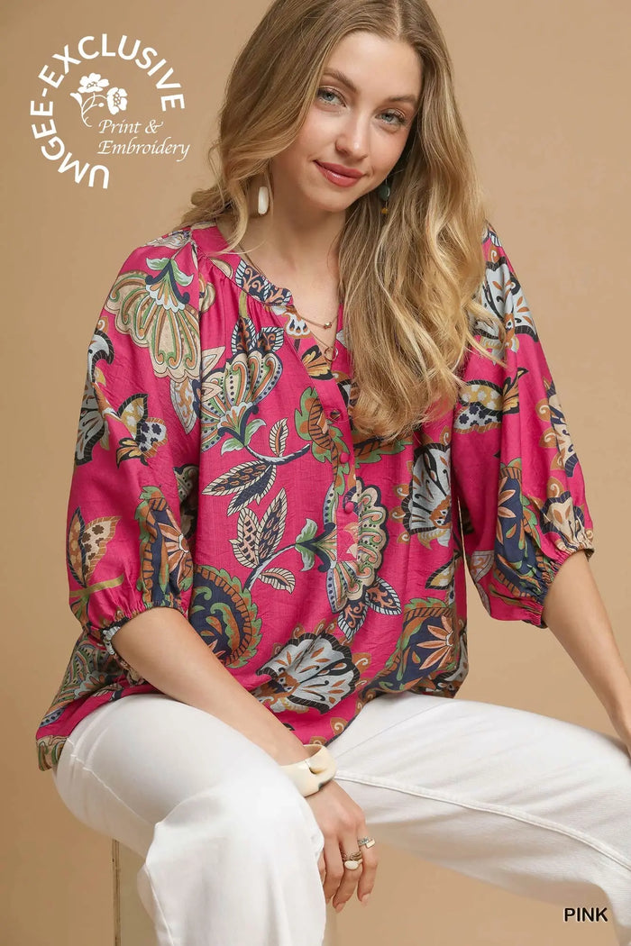Boho Paisley Puff Sleeve Blouse