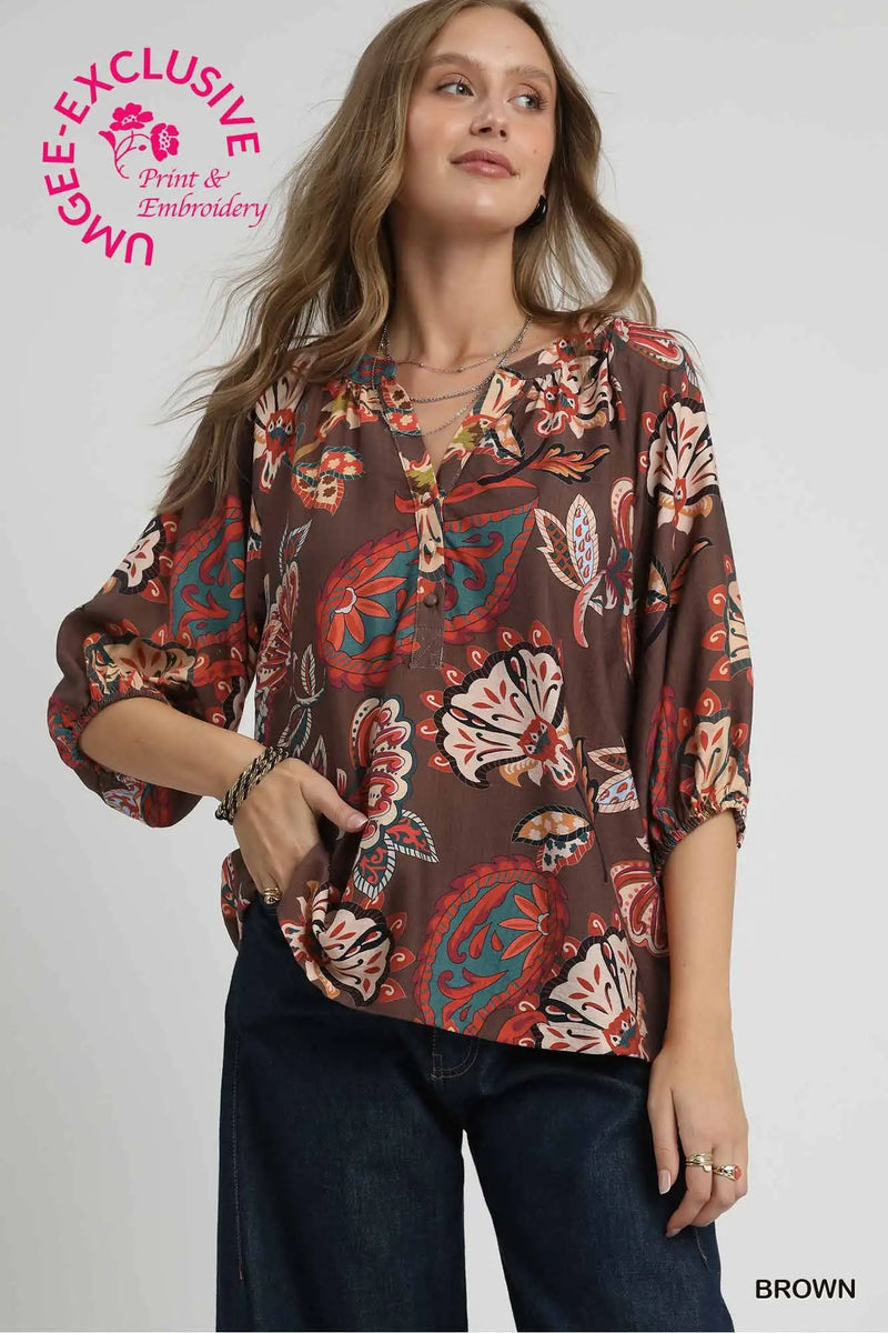 Boho Paisley Puff Sleeve Blouse