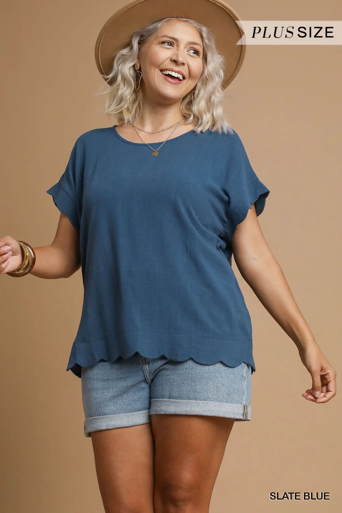 Scallop Hem Linen Blend Top