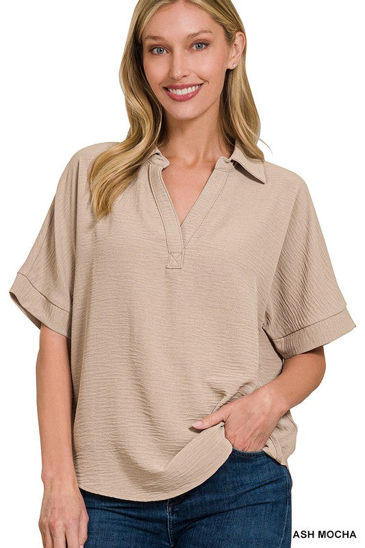 WOVEN AIRFLOW COLLARED V-NECK SHORT SLEEVE TOP