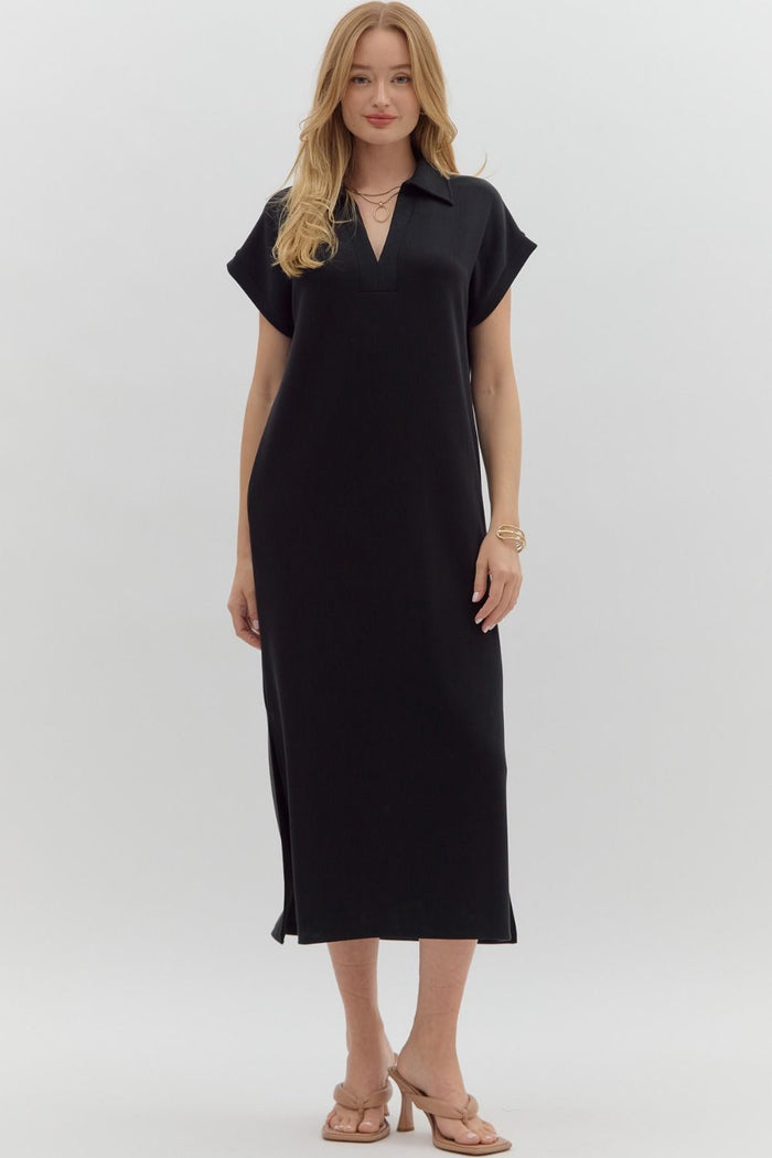 Solid knit split collar short sleeve midi pullover midi dress