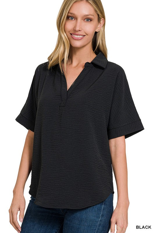 WOVEN AIRFLOW COLLARED V-NECK SHORT SLEEVE TOP