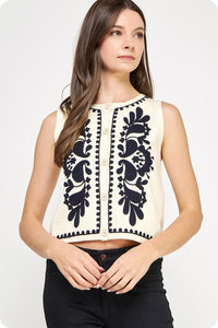 Embroidered Sleeveless Knitted Vest Top
