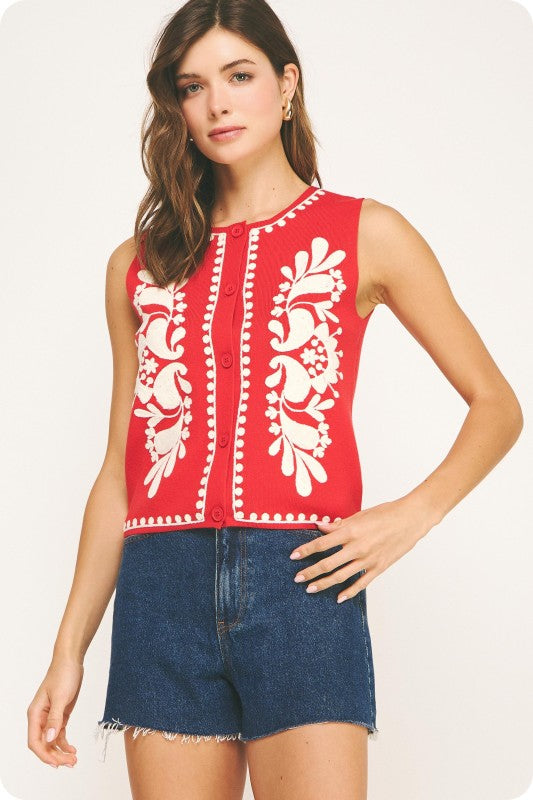 Embroidered Sleeveless Knitted Vest Top