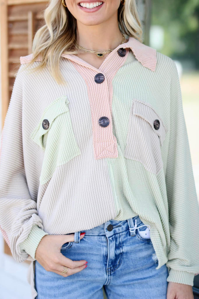 Colorblock Ribbed Oversized Button Up Tunic top