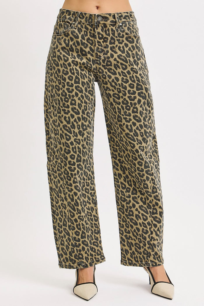 Risen Mid Rise Fit Leopard Barrel Pants
