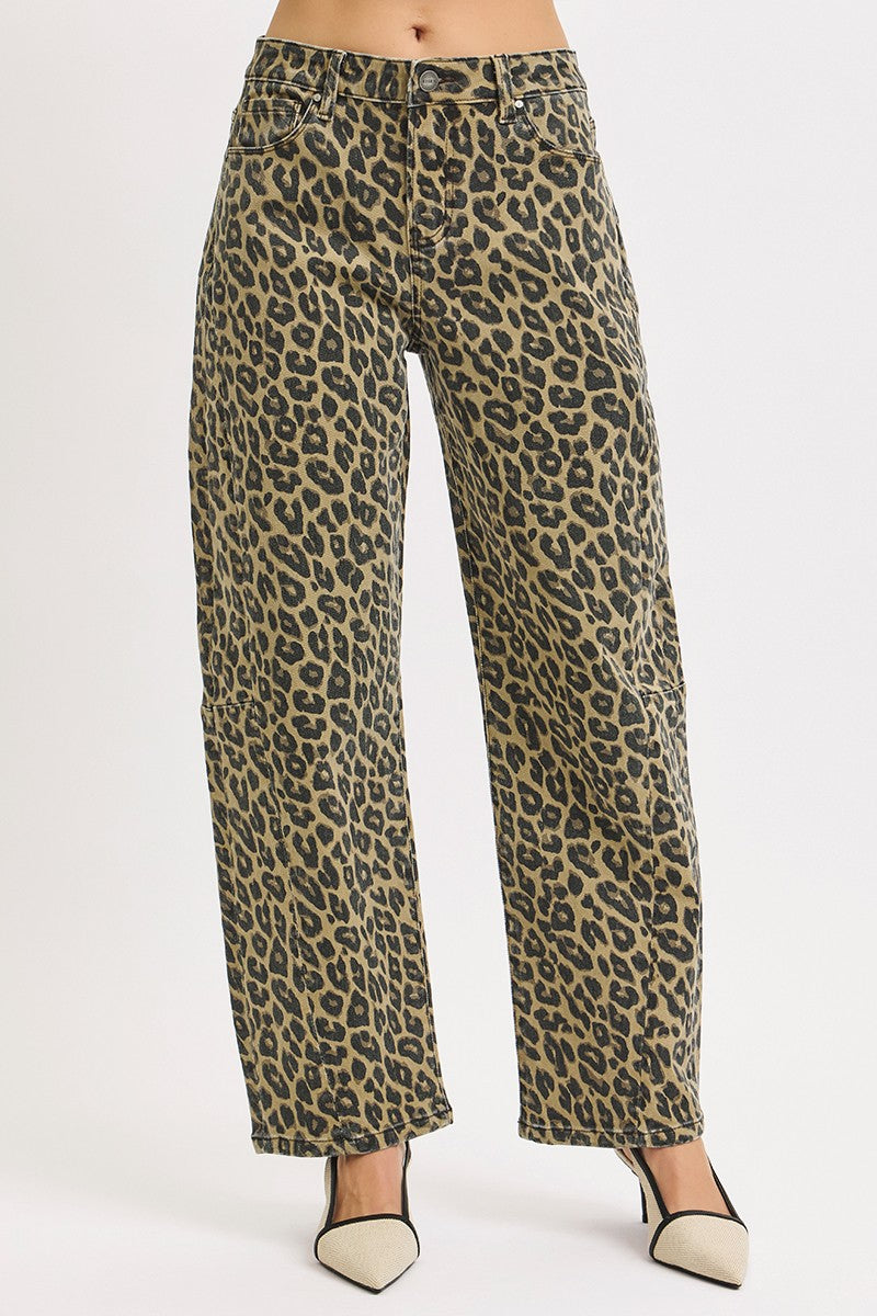 Risen Mid Rise Fit Leopard Barrel Pants