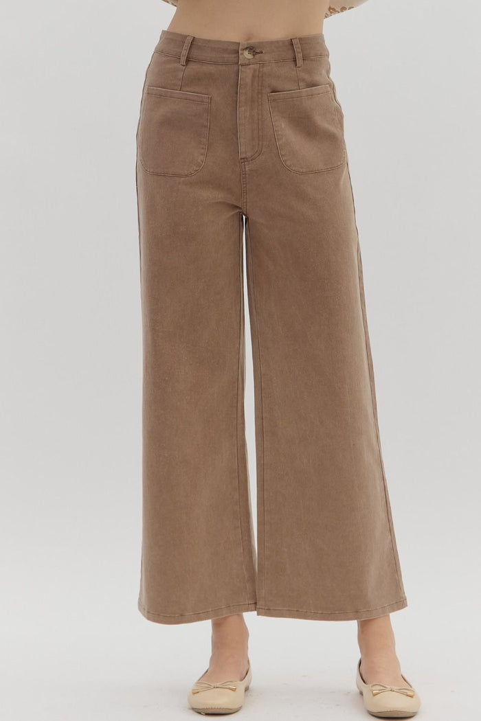 Solid high waisted wide leg ankle length pants