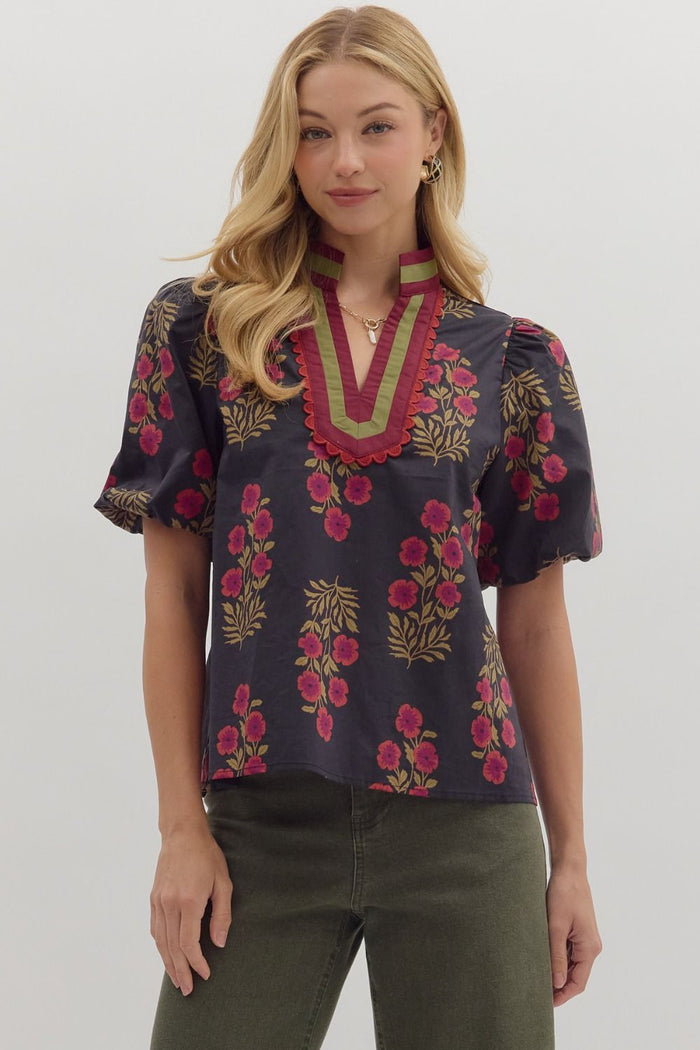 Floral print short bubble sleeve top featuring multicolor accent V-neck band collar