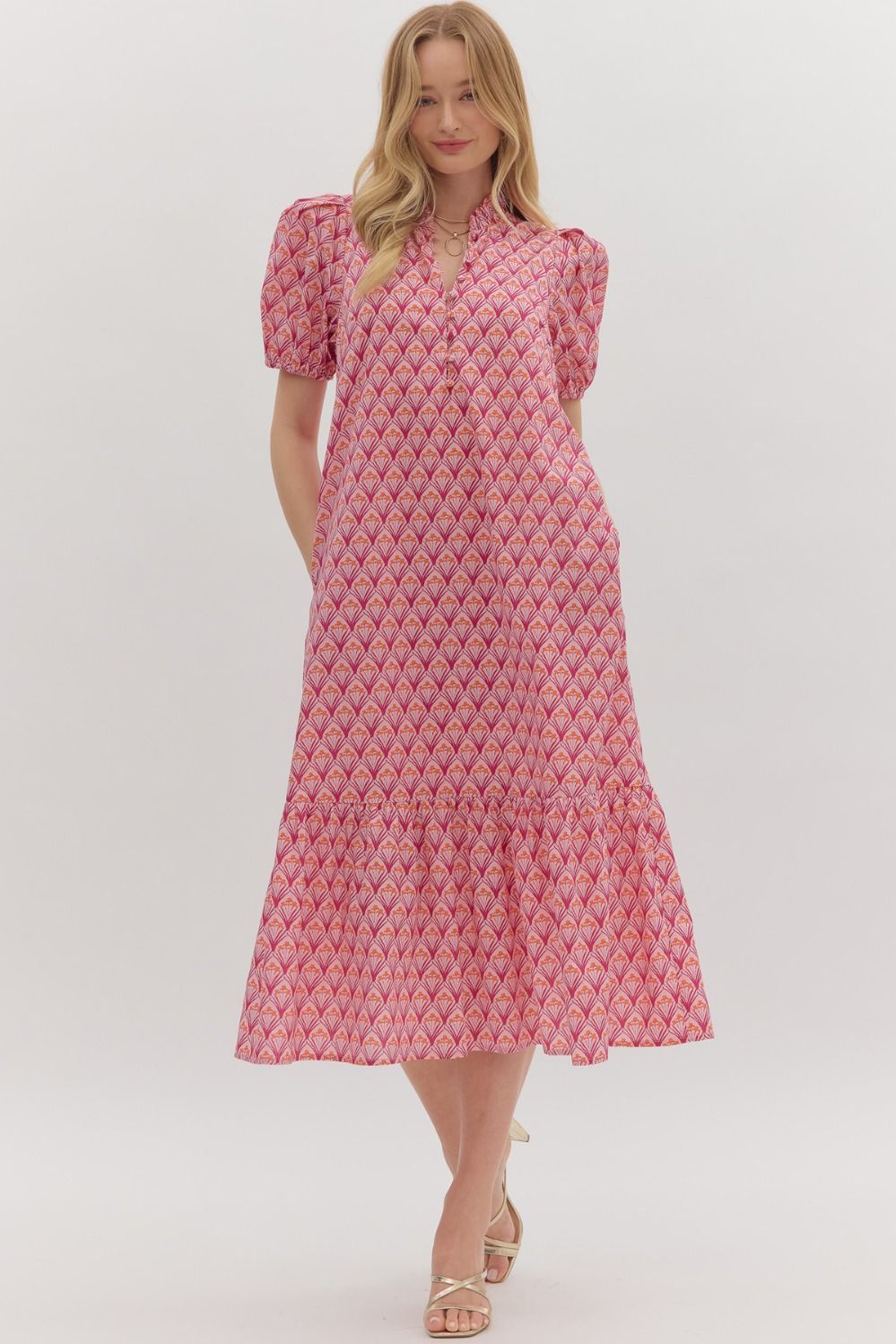 Floral print shoulder pleated puff sleeve ruffle hem midi dress