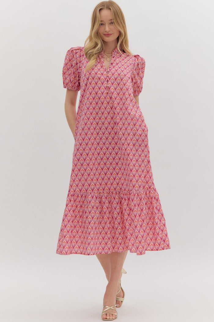 Floral print shoulder pleated puff sleeve ruffle hem midi dress