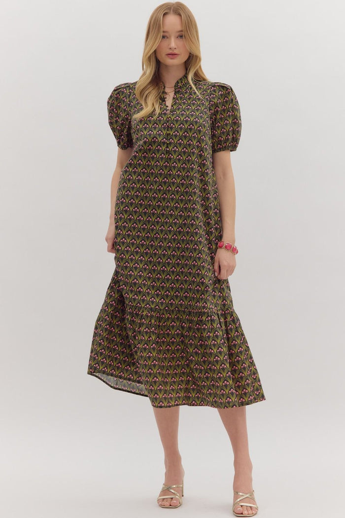 Floral print shoulder pleated puff sleeve ruffle hem midi dress