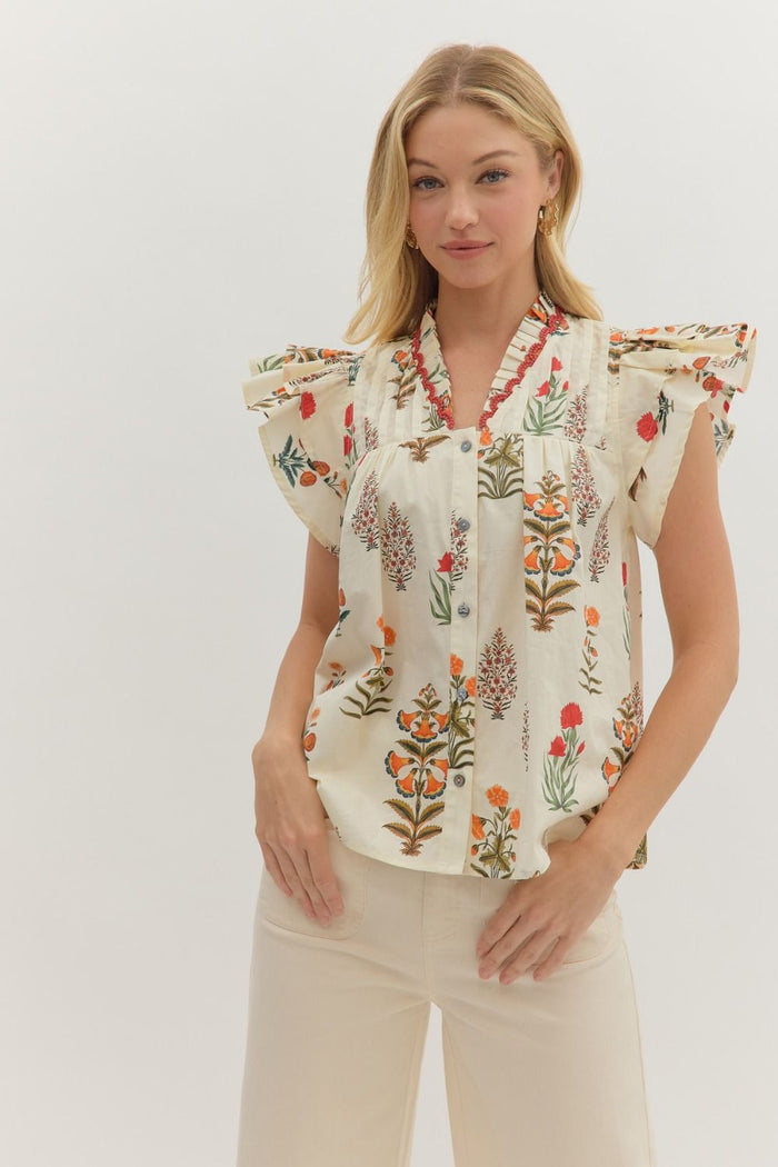 Botanical print short flutter sleeve top
