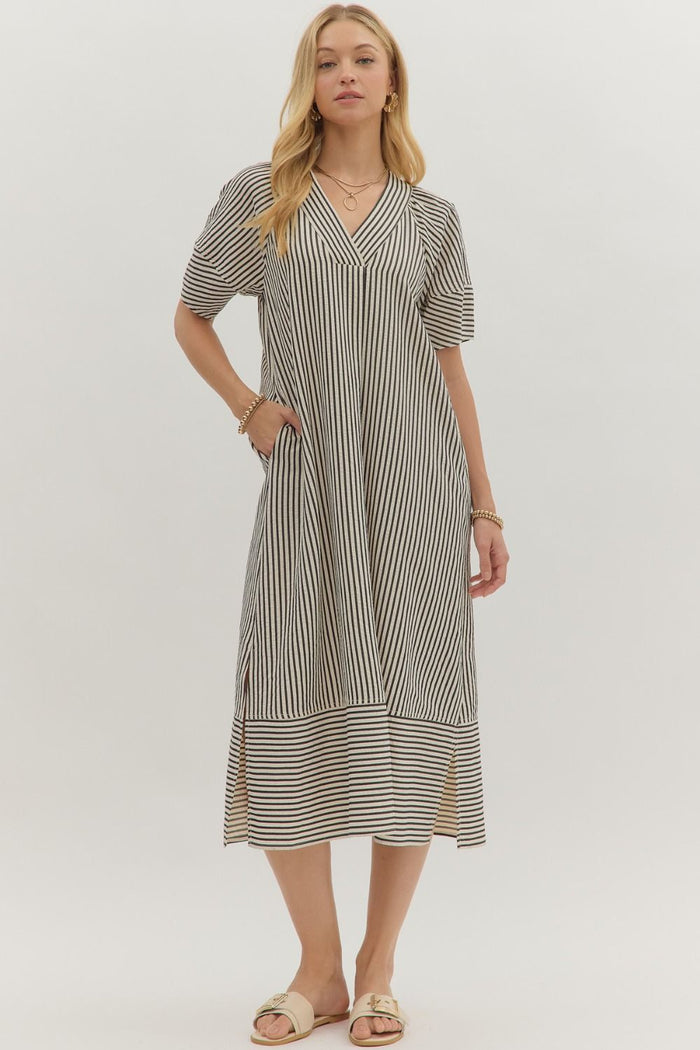 Stripe pattern textured pullover midi dress